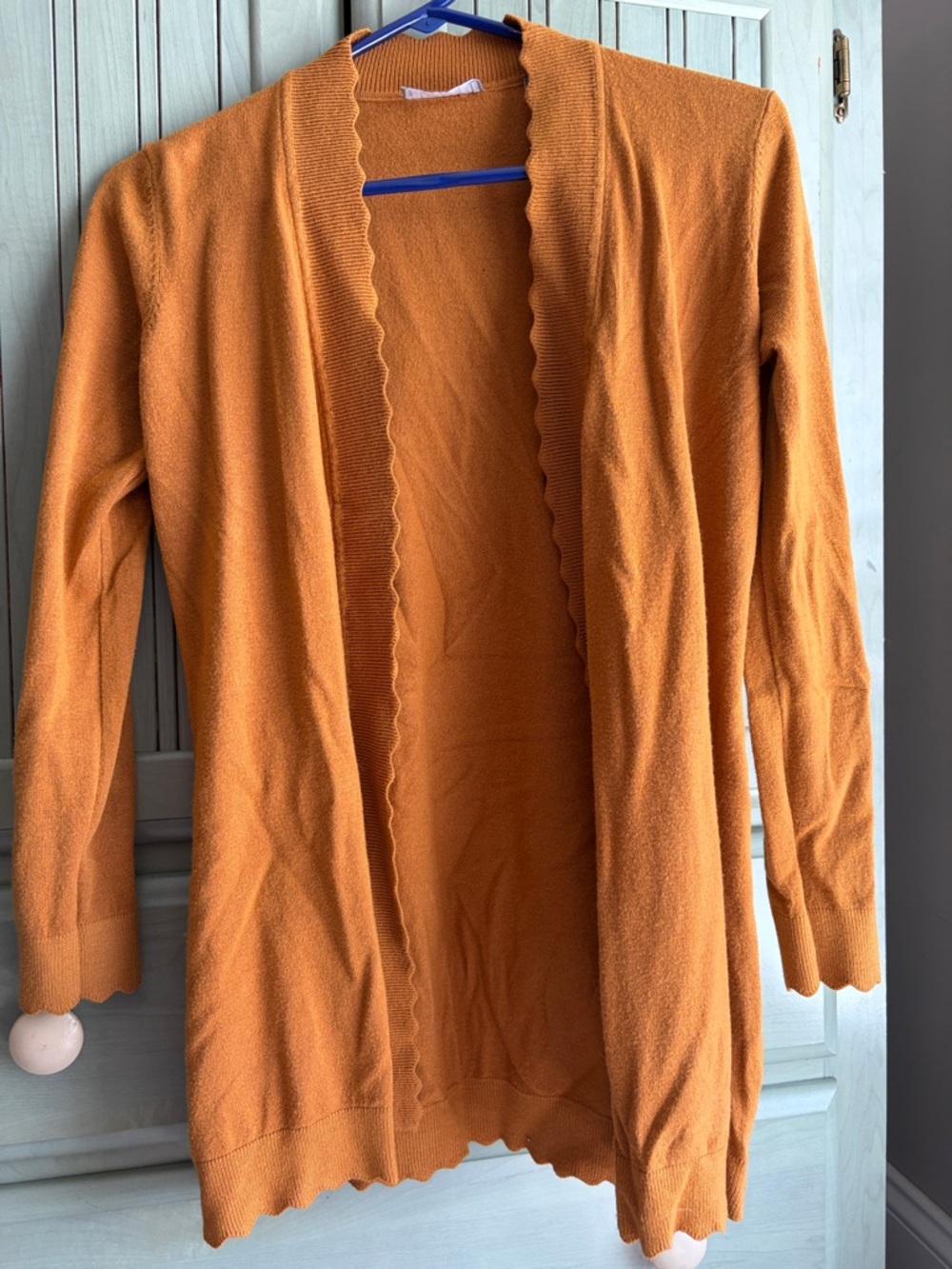 Scallop-Edge Open Front Cardigan in Burnt Orange